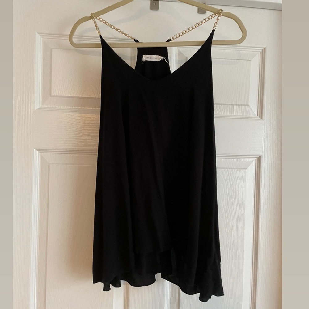 Black tank with gold chain strap